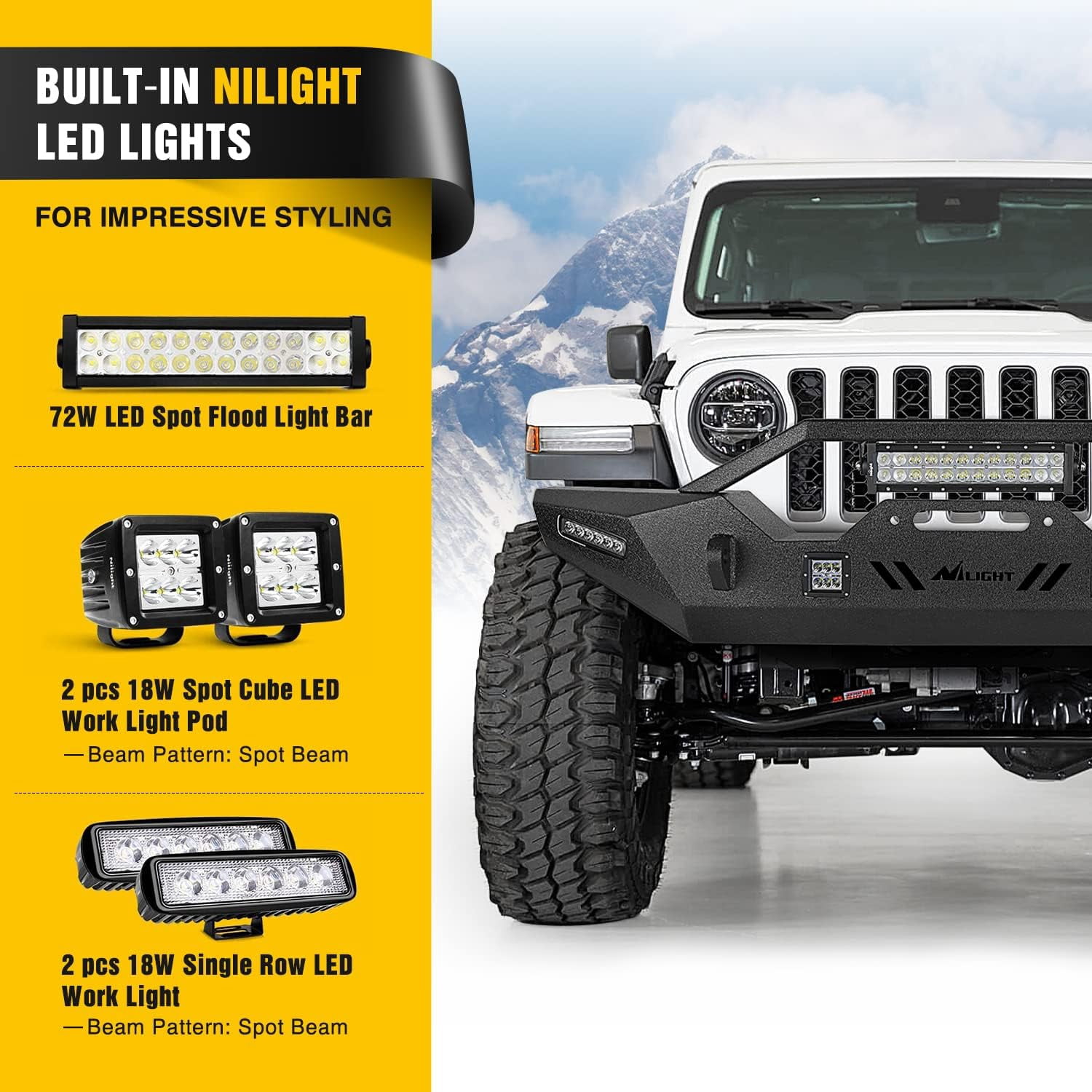 Nilight Front Bumper Compatible for 2007-2018 Wrangler JK/JKU 2018-2022 JL/JLU 2020-2022 Gladiator JT with 72W LED Light Bar 2 x 18W Light Pod 2X 18W Single Row Work Light Winch Plate