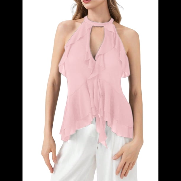Camisola con Volantes y Cuello Halter para Mujer Rosa L