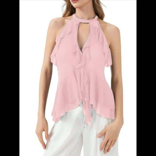 Camisola con Volantes y Cuello Halter para Mujer Rosa S