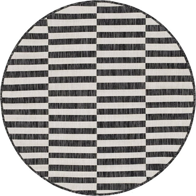 Unique Loom Outdoor Striped Classic Rug 4' x 4' Round Charcoal/Ivory