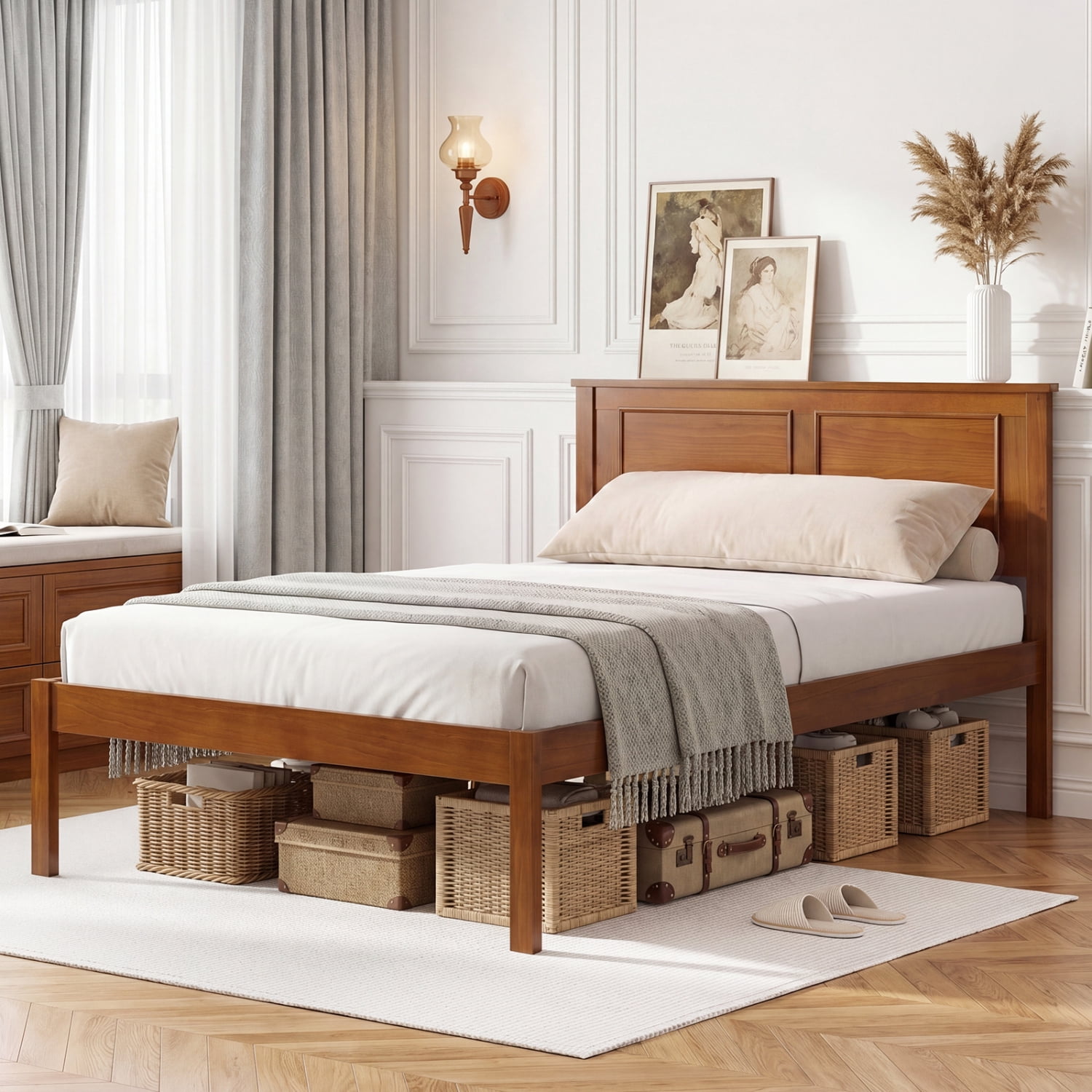 Furnibear Twin Size Wood Platform Bed Frame with Paneled Headboard and Plywood Slat Support for Farmhouse Bedroom, Walnut