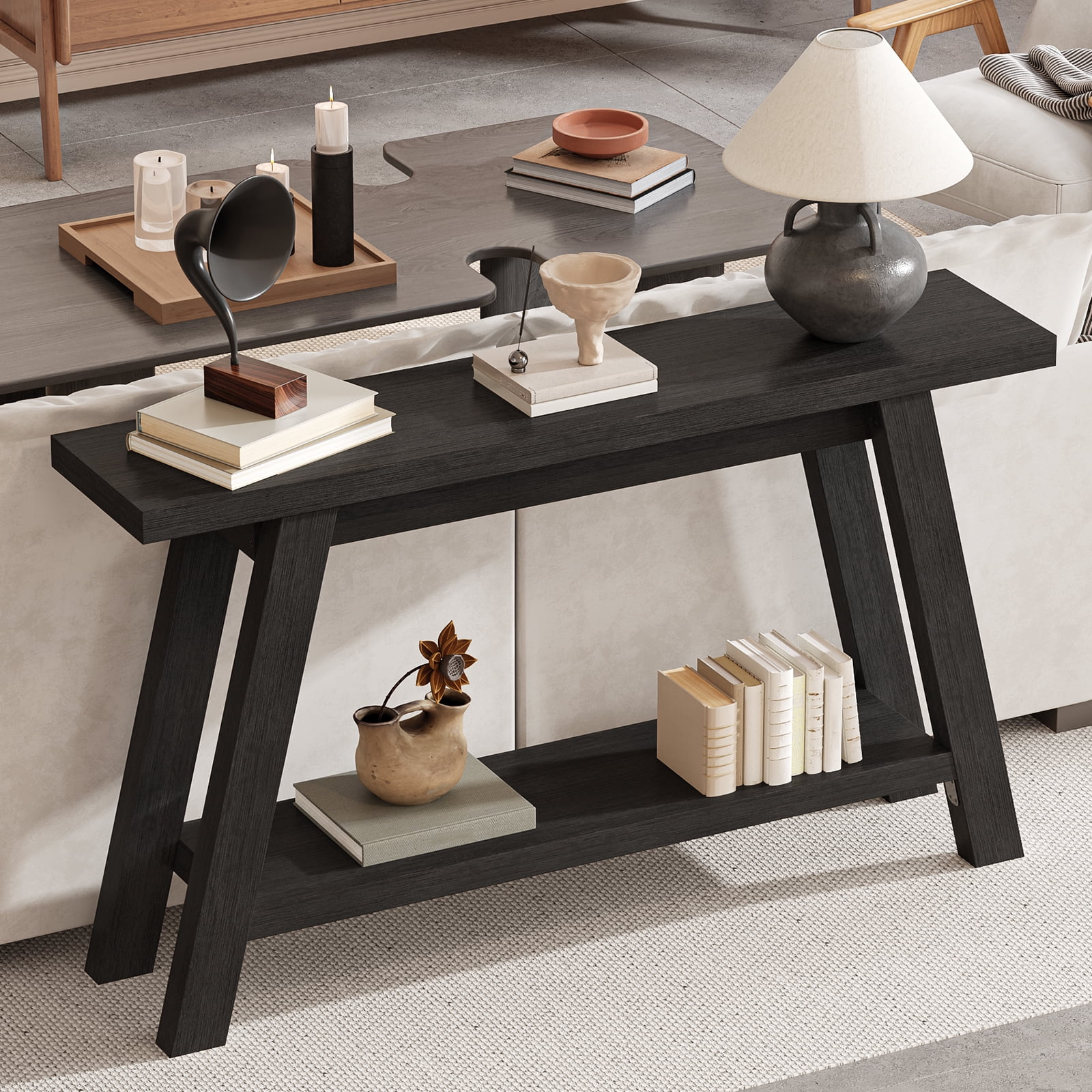 54" Farmhouse 2-Tier Console Table ,Wooden Entryway Sofa Table, Black