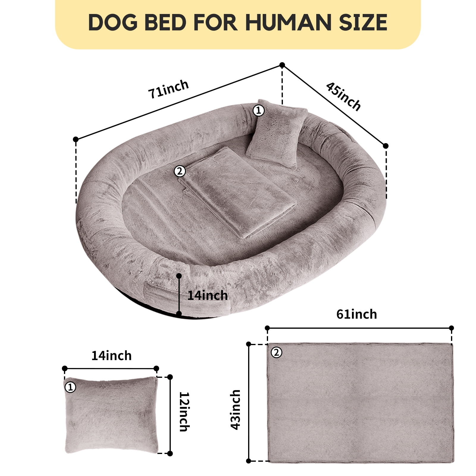Human Dog Bed for Pets and Adults, 71"x45"x14", Washable Faux Fur Cover with Blanket and Pillow, Extra Large Human Size Beanbag Bed,Camel