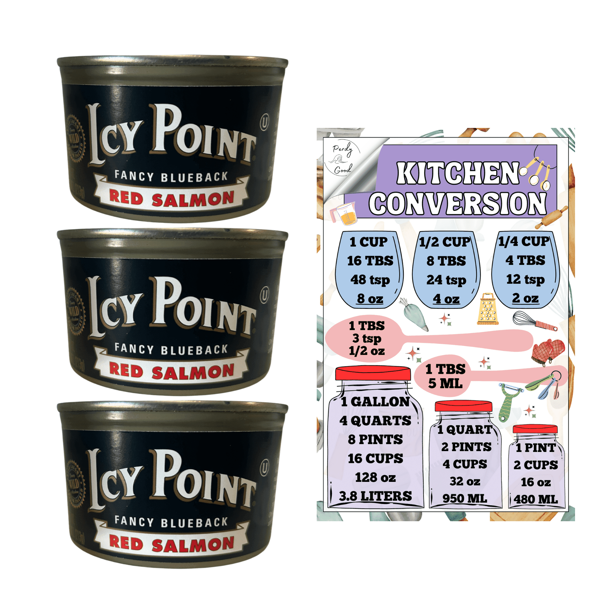 Icy Point Alaska Red Salmon, 7.5-Ounce Cans (Pack of 3) with Kitchen Chart