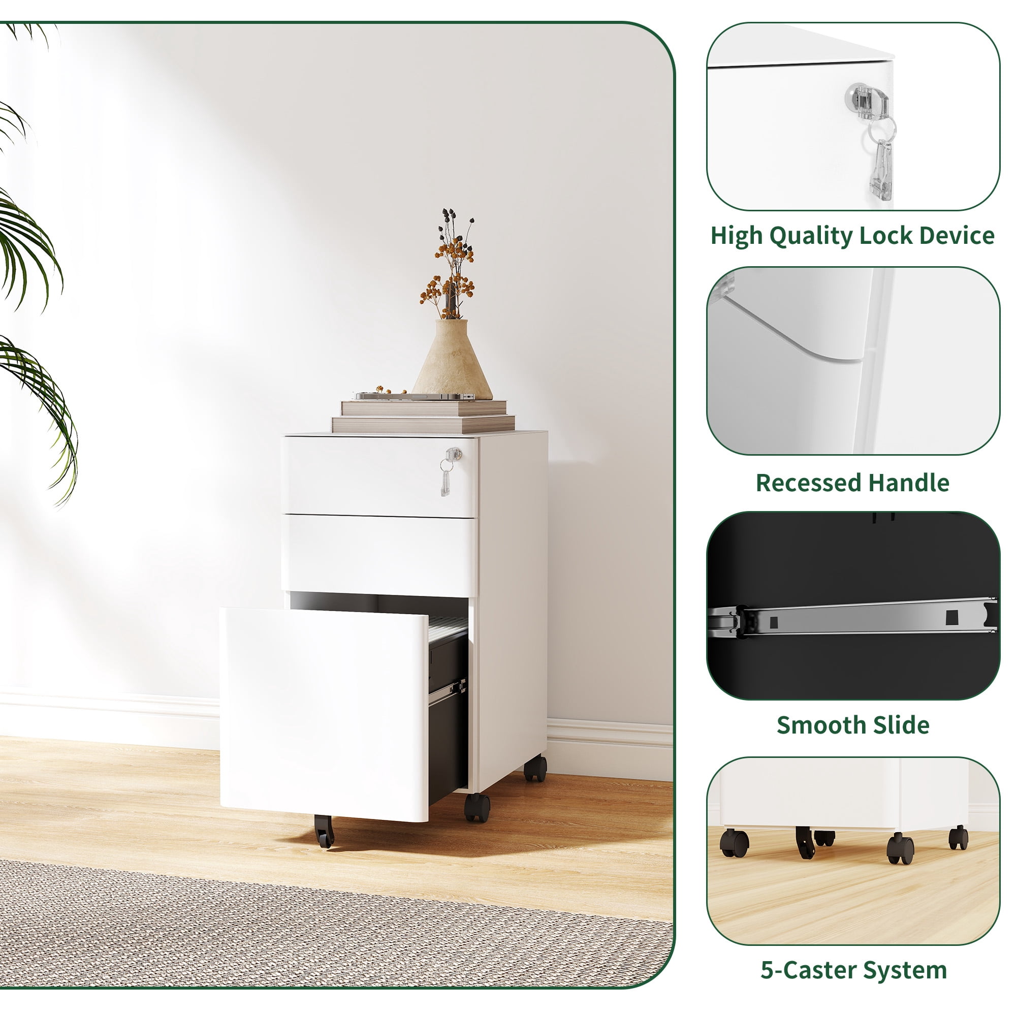 HOQBN 3-Drawer Mobile File Cabinet with Lock,Metal Storage Cabinet on Wheels,Two Shallow & One Deep Drawer for Office/Home,White