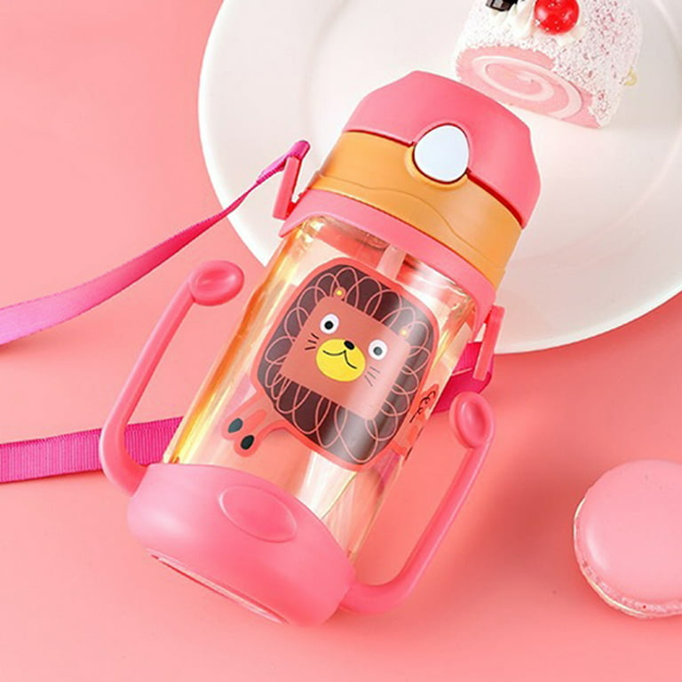Kids Water Bottle With Straw,portable Cartoon Baby Sippy Cup With Lanyard  (400ml-rose Red)