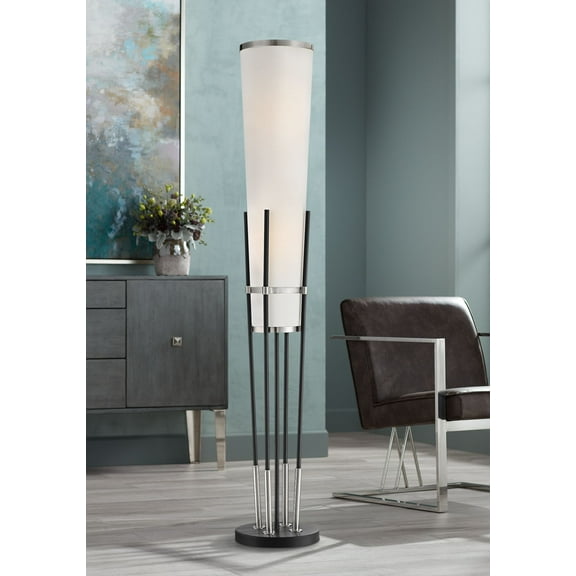 Possini Euro Design Flute Mid Century Modern 64" Tall Floor Lamp with Smart Socket Satin Black Nickel White Shade for Living Room House