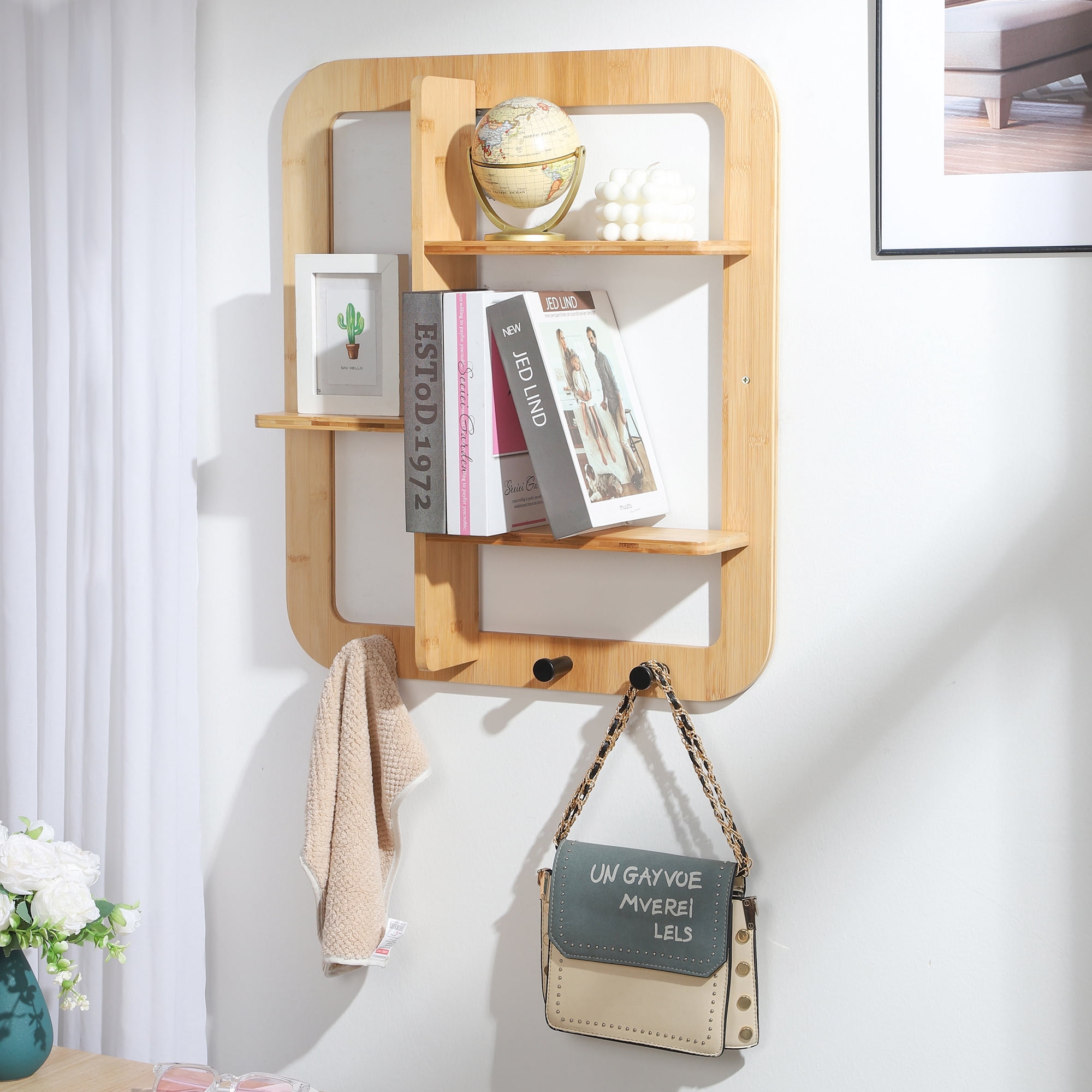 Proman Products Fiji Wall Mounted Bamboo Floating Shelves, Book Shelves, Storage shelves Organizer with Hooks Clothes Hat Bag for Living Room, Bathroom, EntryWay (Natural)