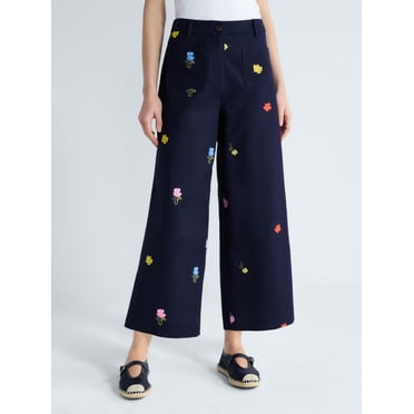 Free Assembly Women's Embroidered Wide Leg Cropped Pants, 26" Inseam, Sizes 0-18