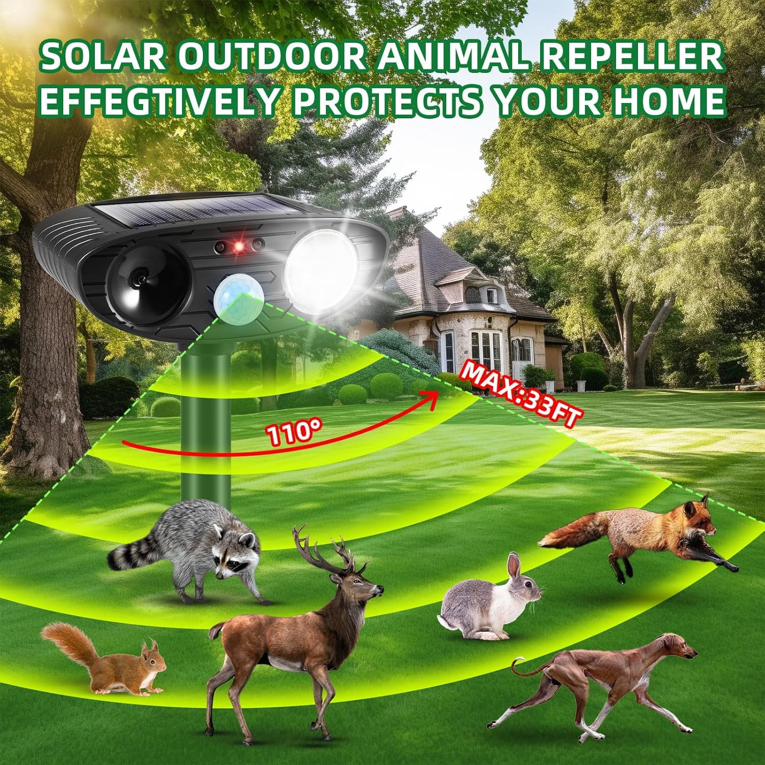JINYI Solar Animal Repellent with Ultrasonic Technology, 2Pcs-Black