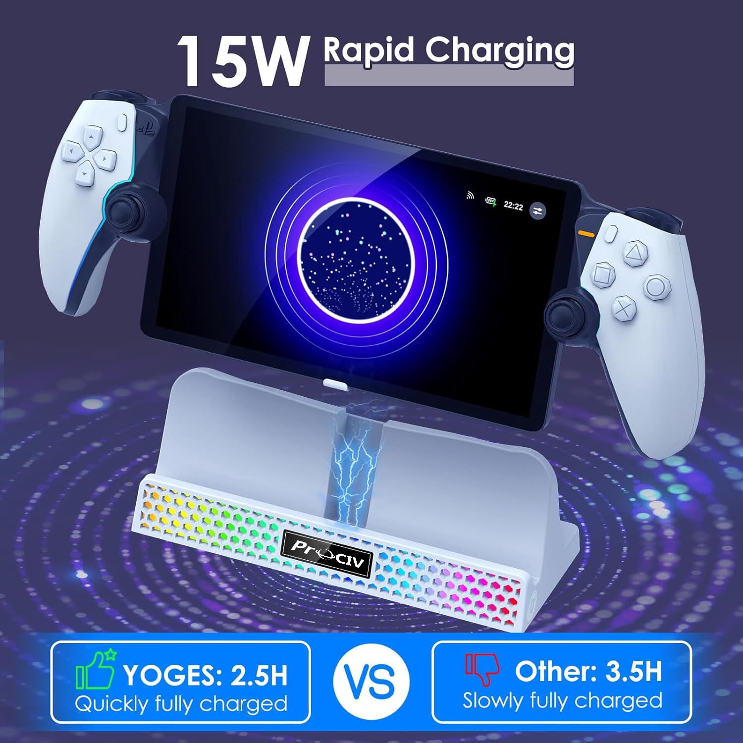 Charging Dock for PlayStation Portal, 3 in 1 Charging Stand for PS5 Portal with 14 RGB Light and 4.9ft USB C Charging Cable, Portable Charger Accessories for PlayStation Portal Remote Player(White)