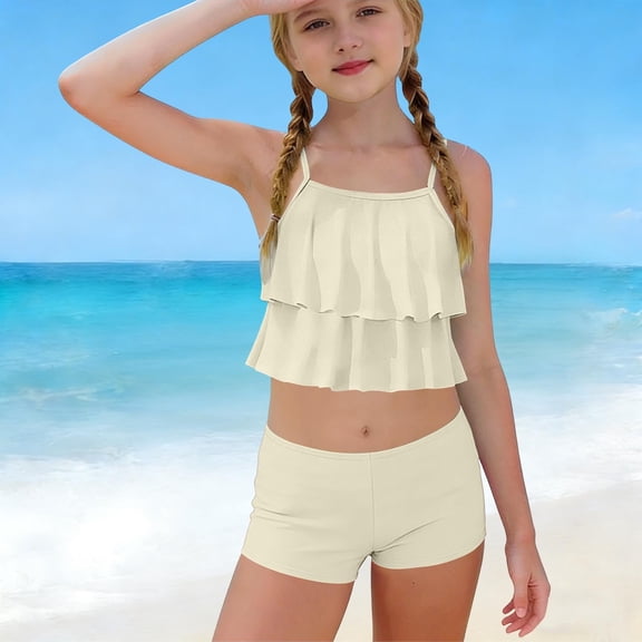 WOXIHUAN Girls Swimsuit 2 Piece Ruffled Bikini Top with Shorts Summer Beach Teen Bathing Suits for 6-15 Years Beige 14-15Years
