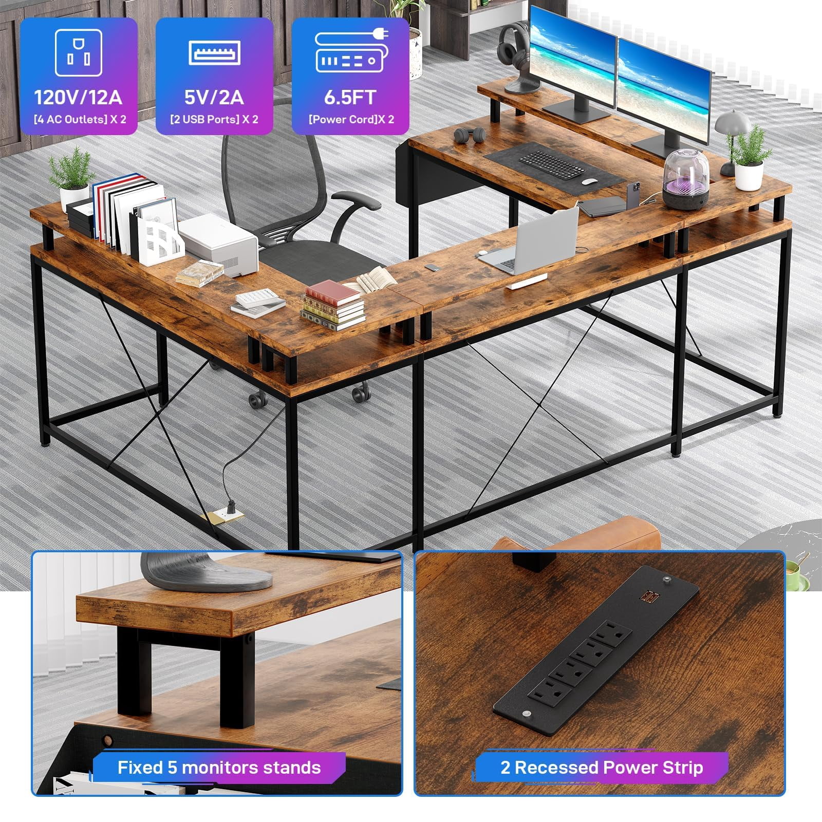 Luku U Shaped Home Office Desk, Reversible L Shaped Gaming Computer Desk with Power Outlets,126 Inch Computer Desk with Monitor Stand and LED Lights,Storage Shelves,Storage Bag and Hooks