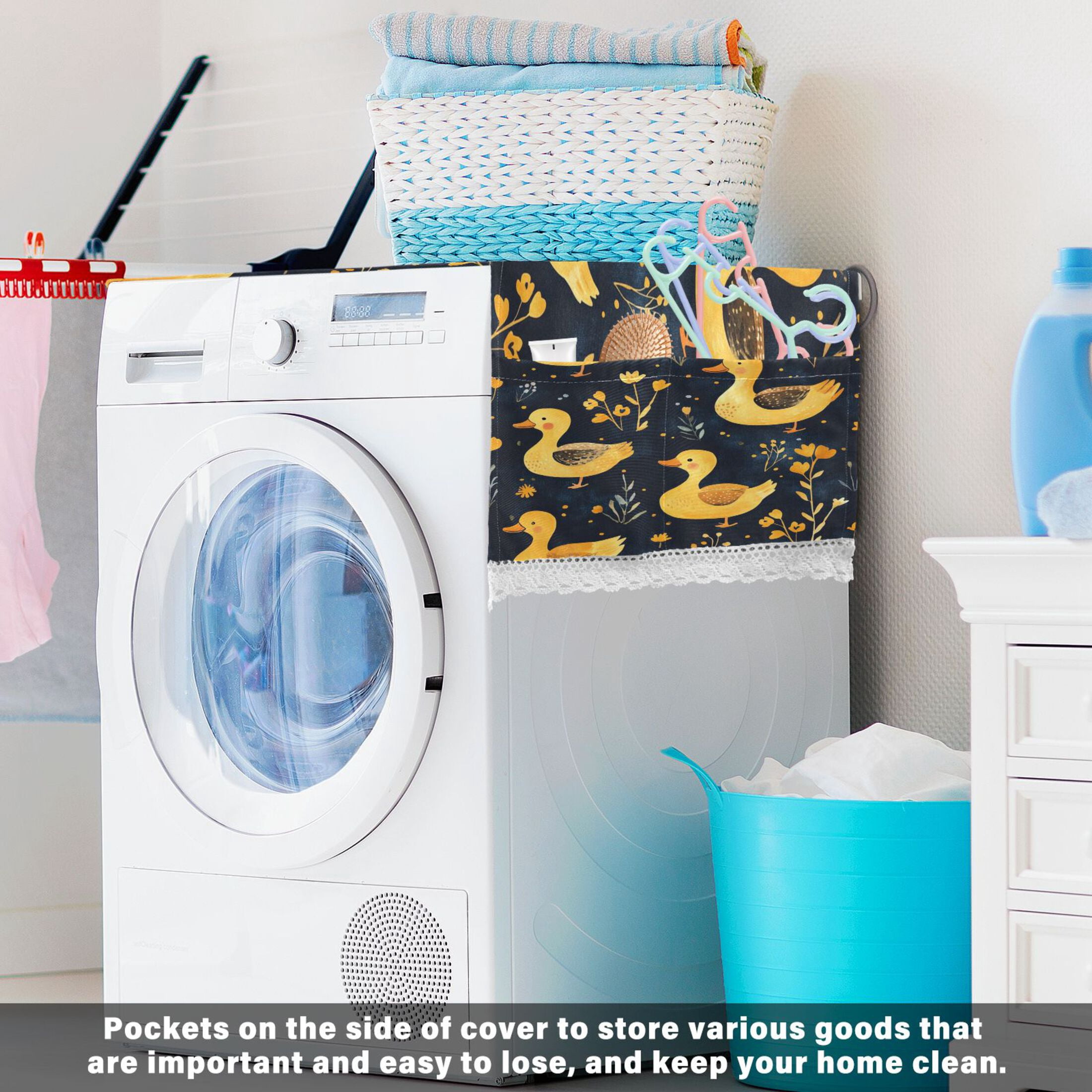 Yellow DucksWasher and Dryer Covers Dust-Proof and Oil Resistant Fridge Cover with 4 Storage Pockets Washing Machine Top Cover for Laundry Kitchen Home 51.2 x 22 In
