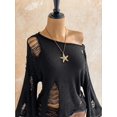 thumbnail image 5 of Women Off Shoulder Distressed Long Sleeve Top Hollow Fringe Casual Night Out Outfit, 5 of 9
