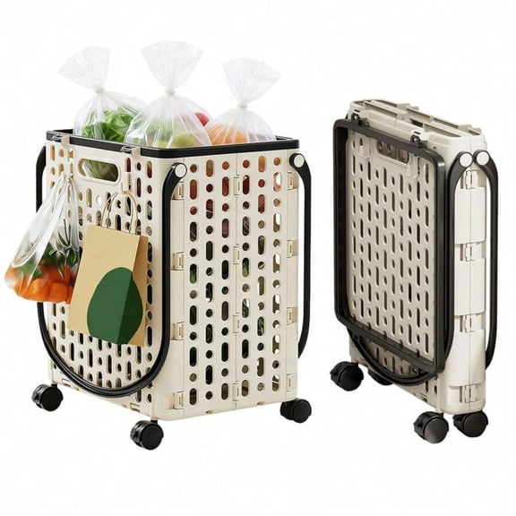 8.98gal Lightweight Foldable Shopping Cart, Large-Capacity Portable Grocery Utility Cart, Includes Hooks & 360-Degree Swivel Wheels