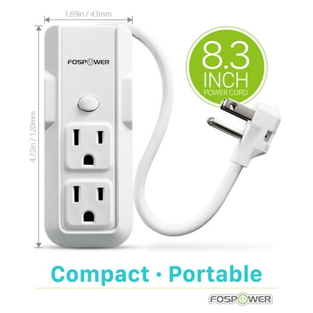 FosPower 3 Outlet Power Strip [2 Pack], Mini Portable [90 Degree | 10Inch Wrap-Around] Wall Tap Adapter with Extension Cord for Home, Office,