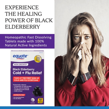 Equate Non-Drowsy Black Elderberry Homeopathic Cold + Flu Relief, 30 Count
