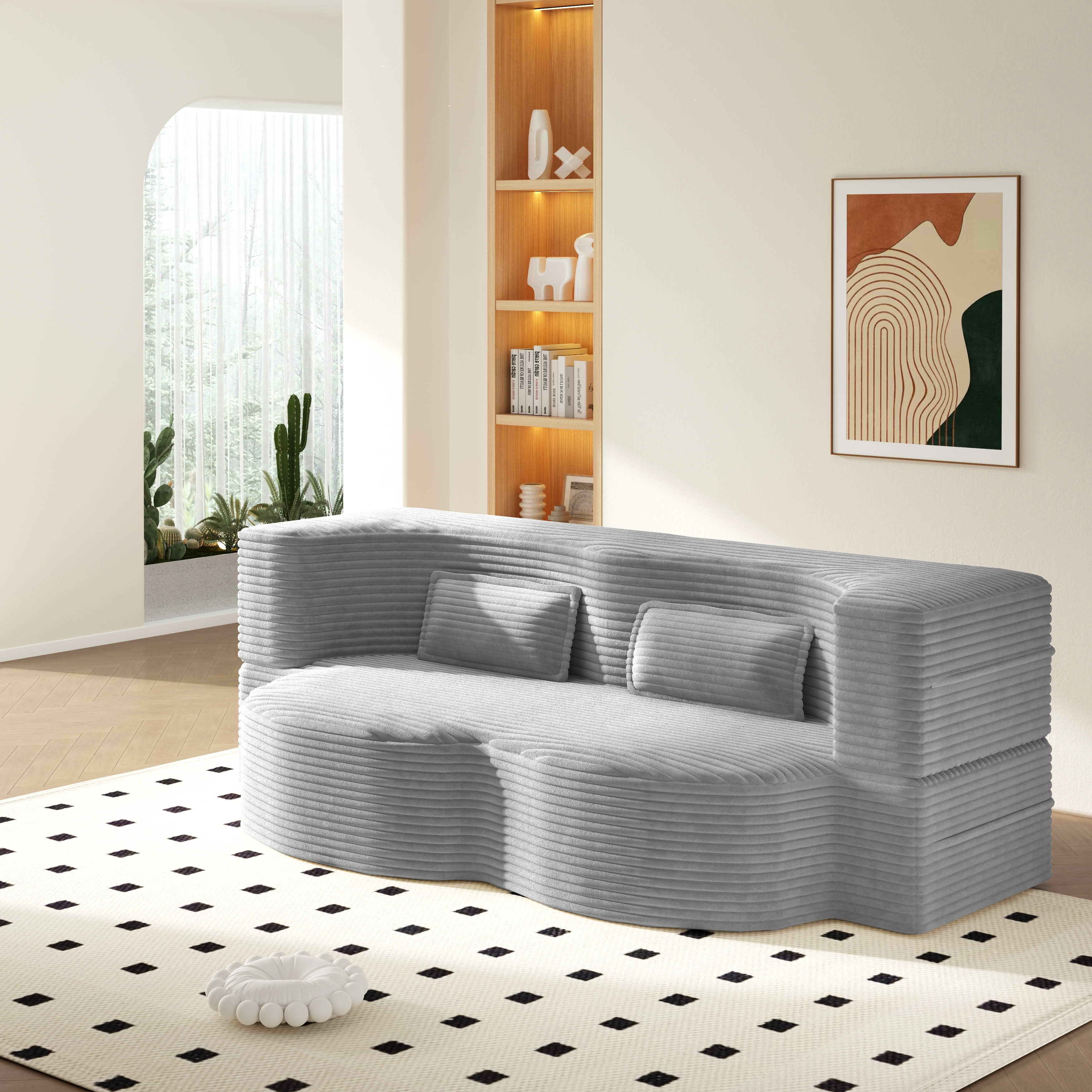 MAYEERTY Twin Corduroy Foldable Foam Floor Sofa Bed, Zero Assembly Vacuum Compressed Sleeper with 2 Pillows