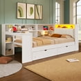 thumbnail image 3 of Euroco Wood Twin Size Daybed with Desk and Shelves, Captain Bed with Upholstered Headboard, LED Light and USB Charging, White, 3 of 16