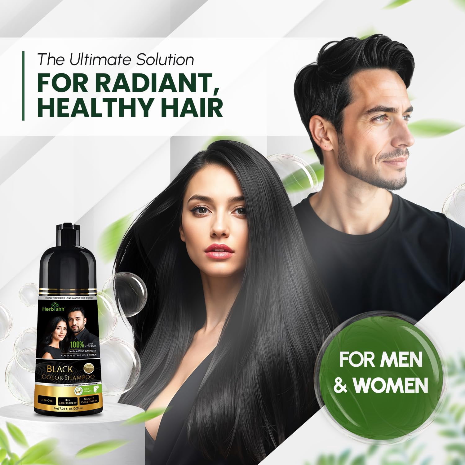 Herbishh Black Shampoo, Hair Dye Shampoo 3 in 1, 100% Grey Coverage, Demi-Permanent Hair Color for Men & Women, Long-lasting Color in 5-15 Mins, Ammonia-free, 200 ml