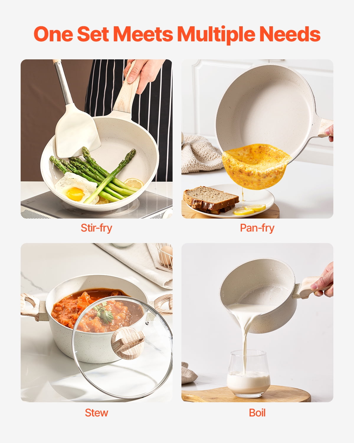 VEVOR 17 Piece Pots and Pans Set, Granite Nonstick Cookware Set, Induction Cookwares, Kitchen RV Cooking Sets with Frying, Sauce, Saute, Tempered Glass Lids, and Pan Protectors, White