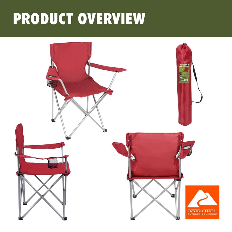 Ozark Trail Quad Folding Camp Chair with Cup Holder, Red, Durable