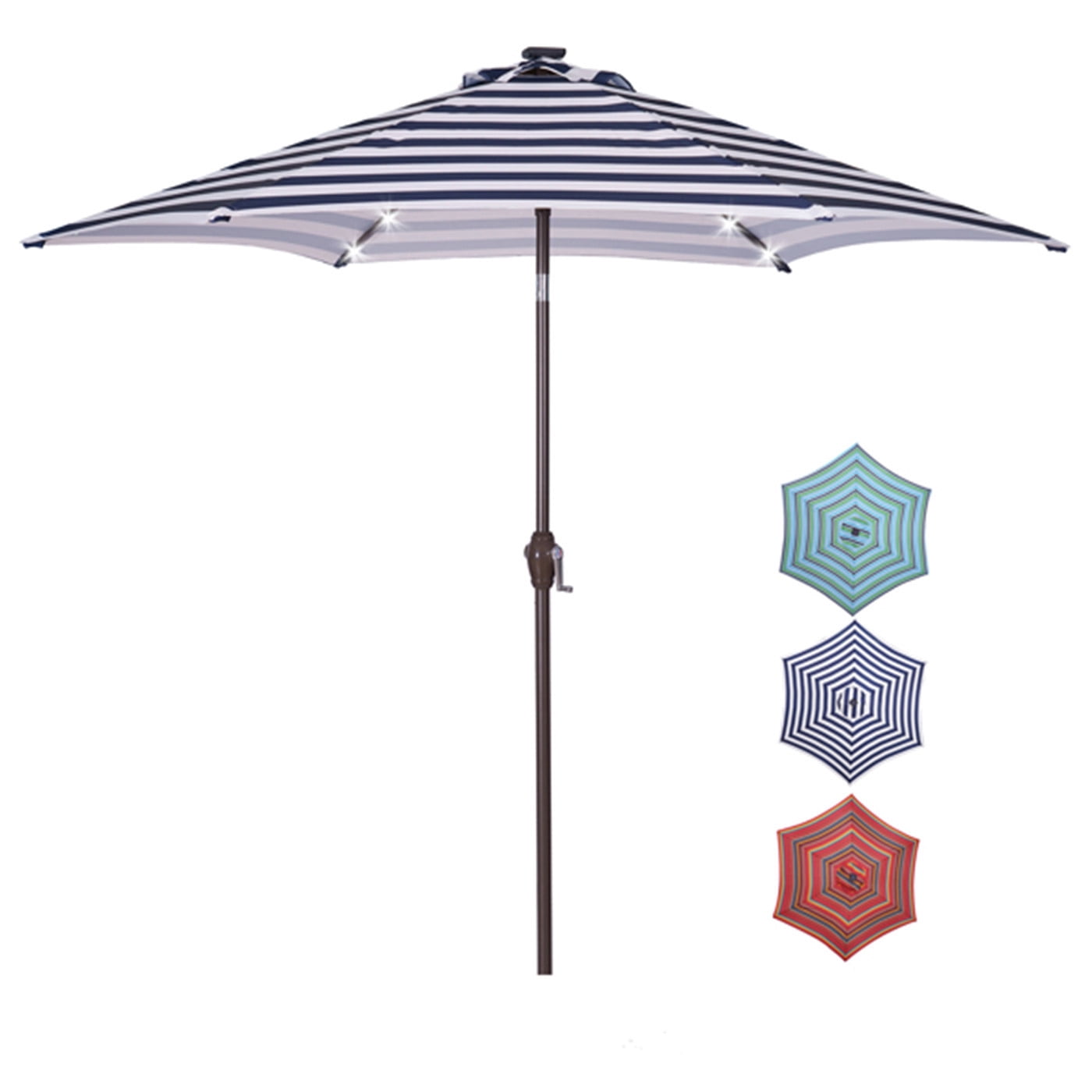 Outdoor Patio 8.7-Feet Market Table Umbrella with Push Button Tilt and Crank, Red Stripes With 24 LED Lights, Outdoor Umbrella for Garden, Deck, Backyard, Pool and Beach, Blue White Stripes