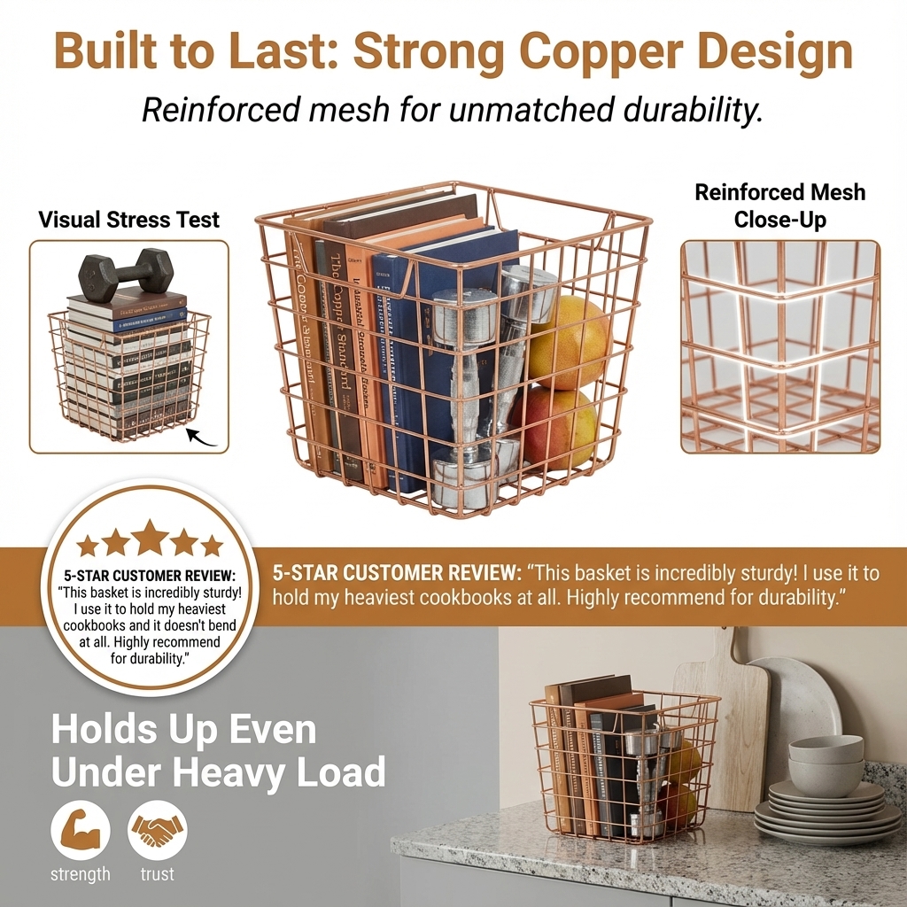 STORE INDYA storeindya Thanksgiving Gifts Wire Basket for Storage Pantry Square Organizer Wire Mesh Baskets Large Organizing Flower Girl Basket Stackable Bins (Copper Cube Collection)