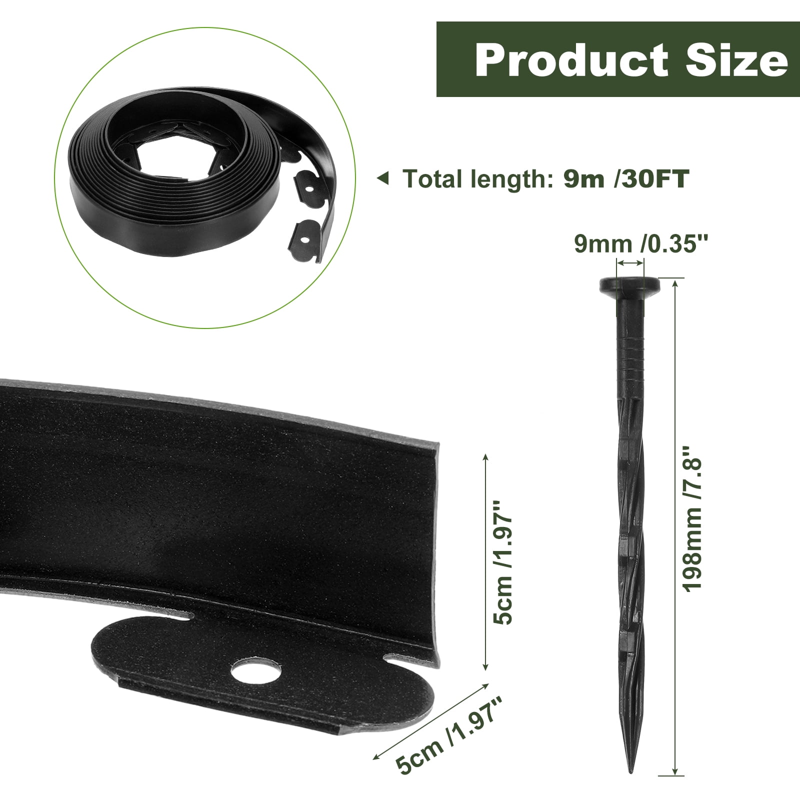 Uxcell Landscape Edging, 1Pcs 30FT x 2" Garden Edging Kit with 27 Stakes for Garden Lawn Flower Bed (Black)