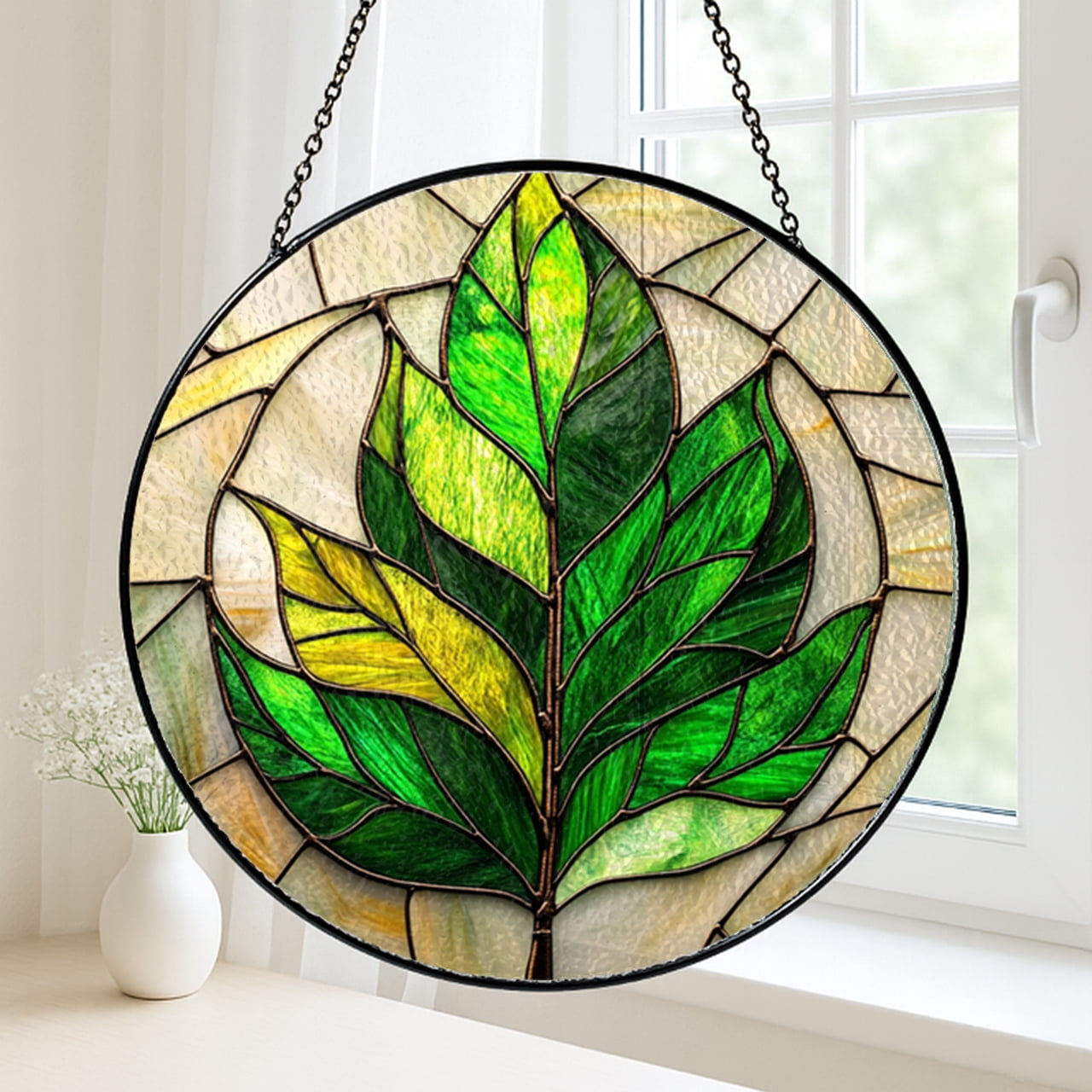 Botanical Leaf Window Panel, Faux Stained Glass Green Design for Garden Homes and Gift Ideas