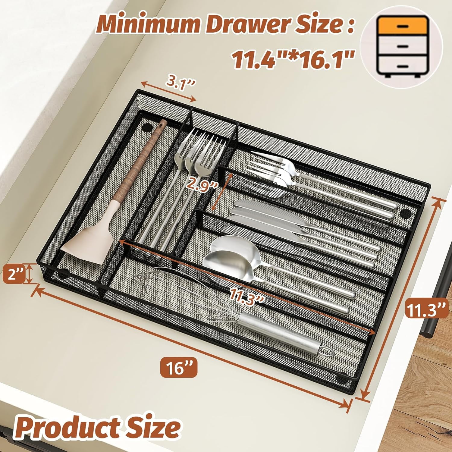 Silverware Organizer Metal Mesh, Large Drawer Organizer, Utensil Cutlery Tray for kitchen drawers, Flatware with 6 Compartment, Black (11.3”*16“)