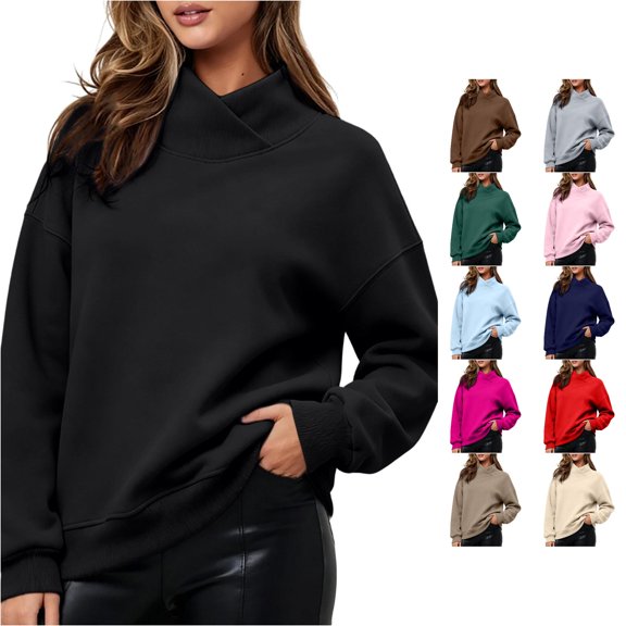 HNMKIU Women's Solid Cross Wrap Neck Sweatshirt Long Sleeve Oversized Relaxed Pullover Basic Casual Loungewear Tops for Fall Winter Daily Wear Black,S