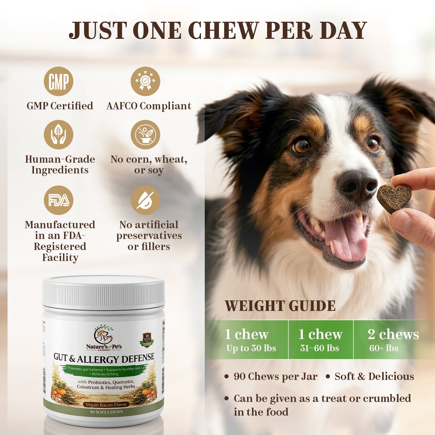 Gut & Allergy Defense Dog Chews, 30B CFU Probiotics +QUERCETIN, SPIRULINA, COLOSTRUM, Medicinal MUSHROOMS, Pumpkin, Turmeric  90 chews, Vegan Bacon Flavor