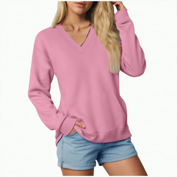 Towmus Casual Womens Sweatshirts V Neck Long Sleeve Blouses Basic Solid Pullover Tops Sweatshirt for Women