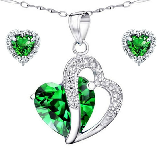 5.66 Carat TCW Double Heart Created Emerald 925 Sterling Silver Necklace Pendant and Earrings 3 Pieces Jewelry Set