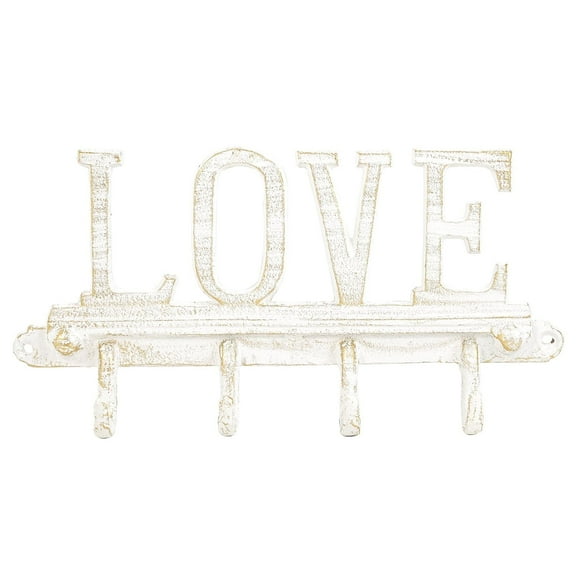 Sungmor Cast Iron Key Holder for Wall, Vintage White Love Shape Key Rack with 4 Hooks, Rustic Wall Mount Key Organizer Hanger, Decorative Utility Hooks for Entryway, Front Door, Home Decor
