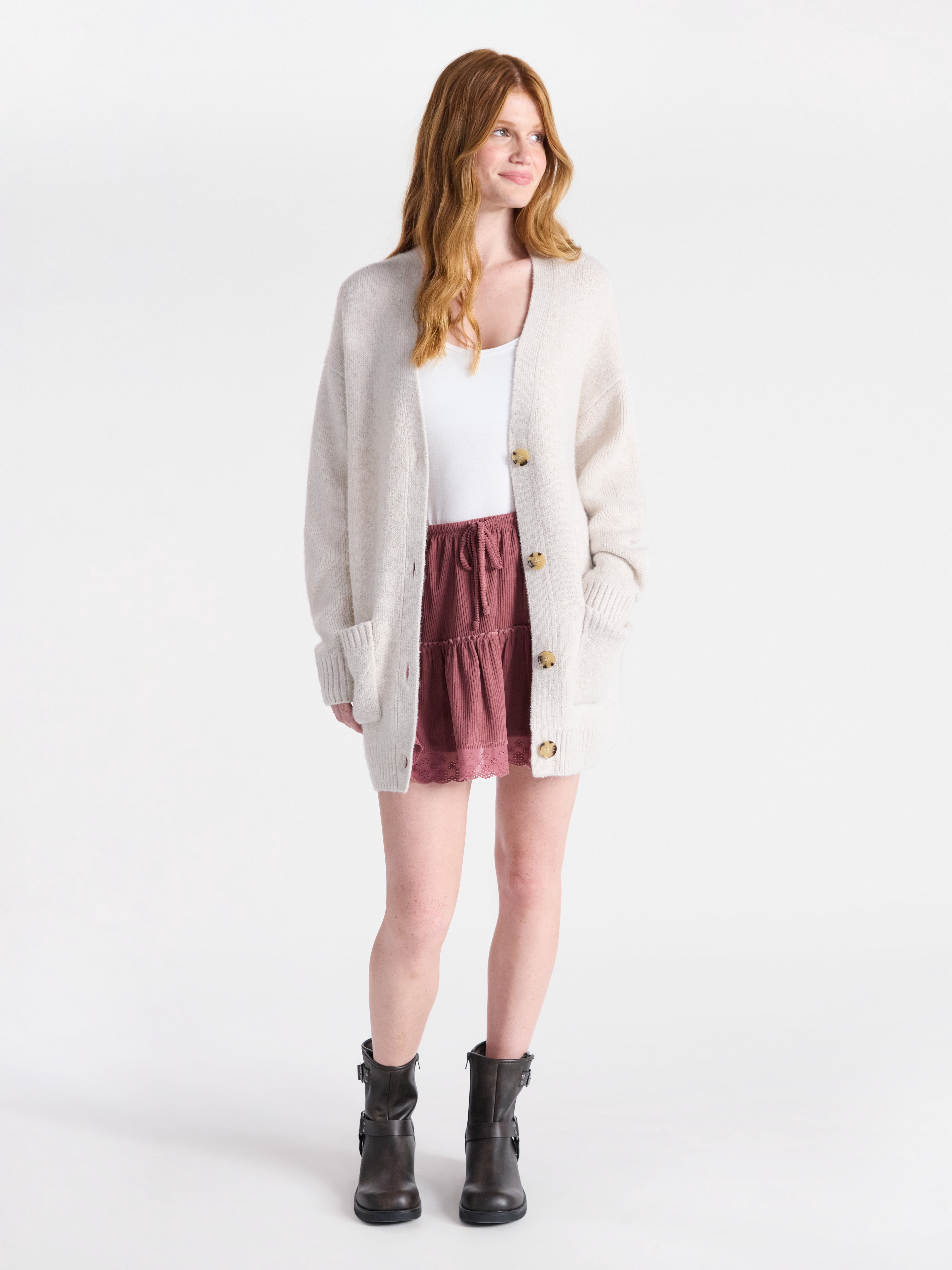 No Boundaries Drawcord Ruffle Mini Skirt with Lace Trim, Women's