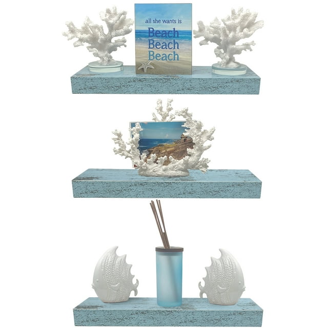 Sorbus Floating Shelf Set - Rustic Wood, (Green)