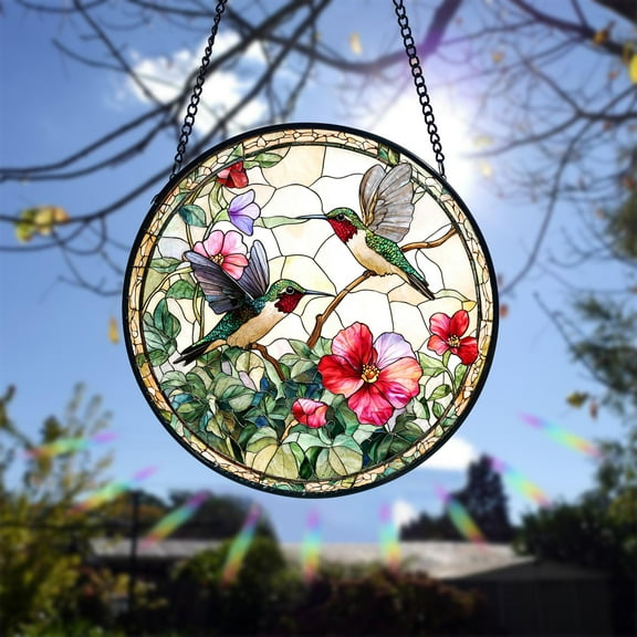Hummingbird and Wildflower Stained Glass Suncatcher, Bird Lover Window Hanging, Nature Inspired Home Decor Gift