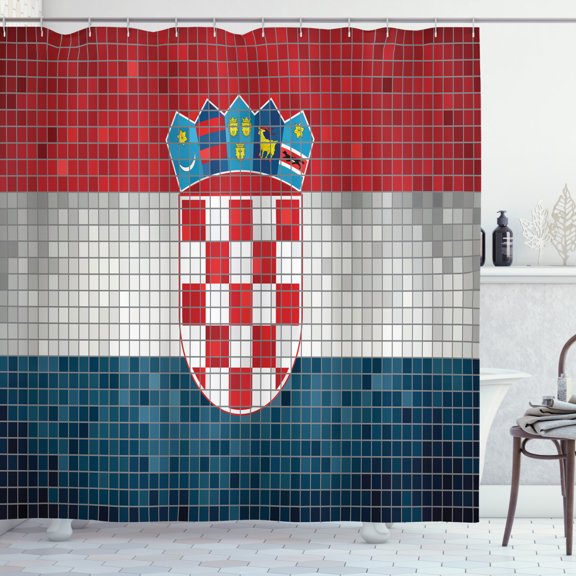 Ambesonne Croatia Shower Curtain, Flag with Mosaic Squares, 69"Wx84"L, Vermilion Pale Grey