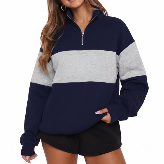 FASHOFT Half Zip Pullover Women Oversized Drop Shoulder Sweatshirt Color Block Cozy Fall Winter Tops Long Sleeve Y2K Streetwear Navy1 L