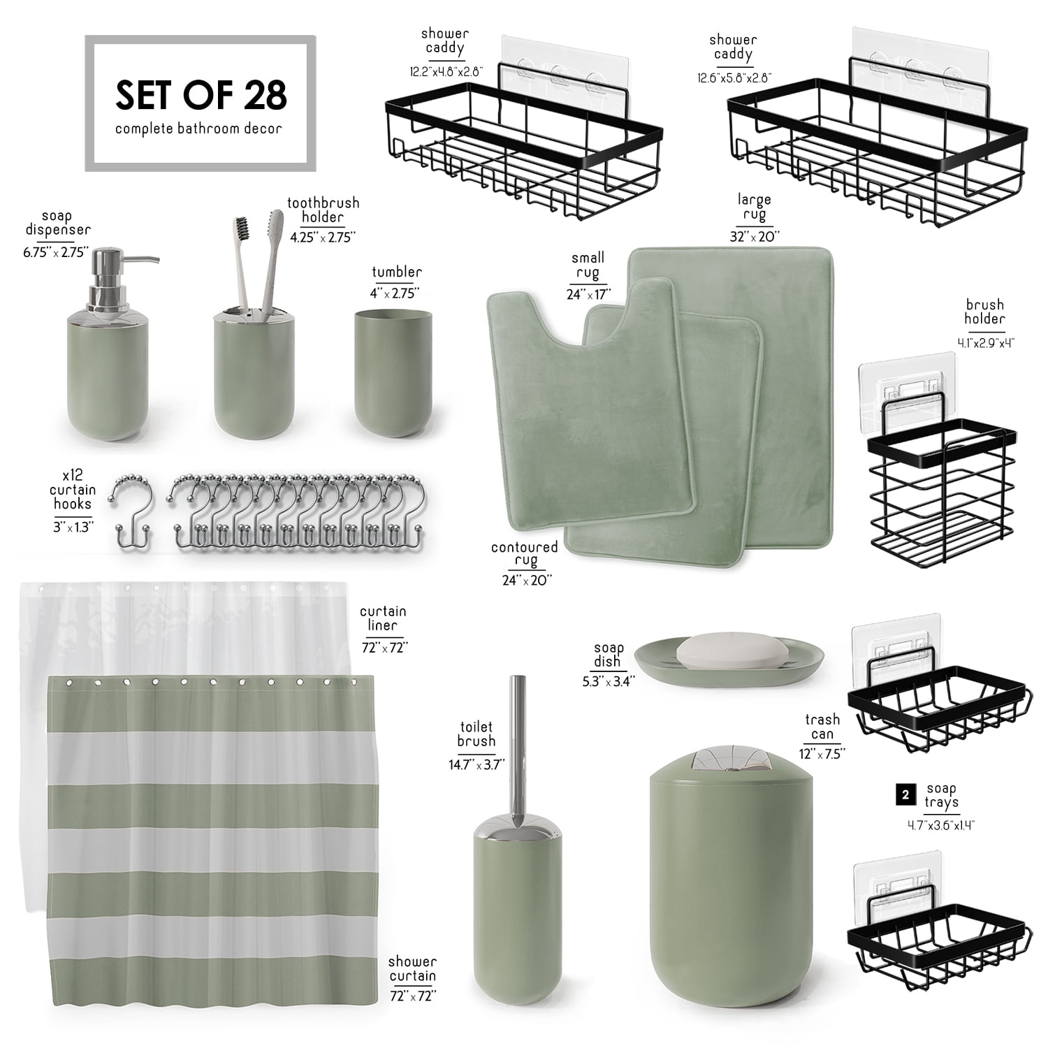 Lammaloe Sage Green Bathroom Accessories Set with Shower Curtain and Rugs