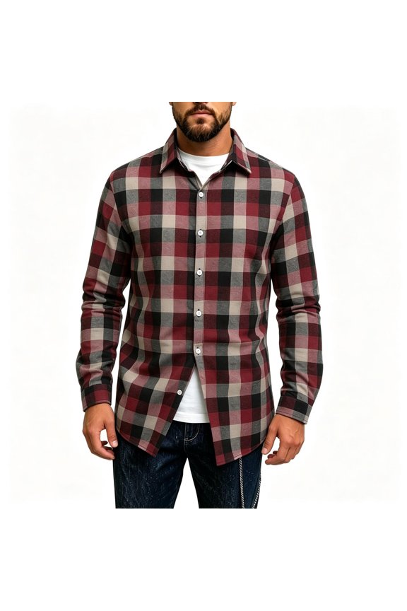 Mens Long Sleeve Plaid Button Down Shirts- Layering Casual Turn Down Collar Midweight Flannel Jacket Shirt Wine Size XL