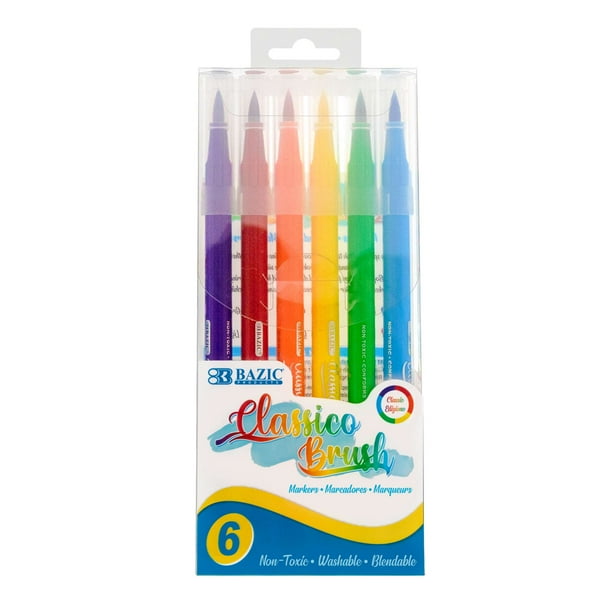 BAZIC Brush Markers 6 Colors, Fine Line Washable Coloring Marker, Non