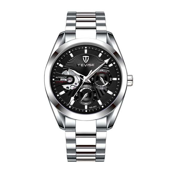 TEVISE TEVISE 795-001 Montre Mécanique Automatique pour Hommes avec Aiguilles Lumineuses, Affichage de la Date, et Bracelet en Acier Inoxydable Argent Noir