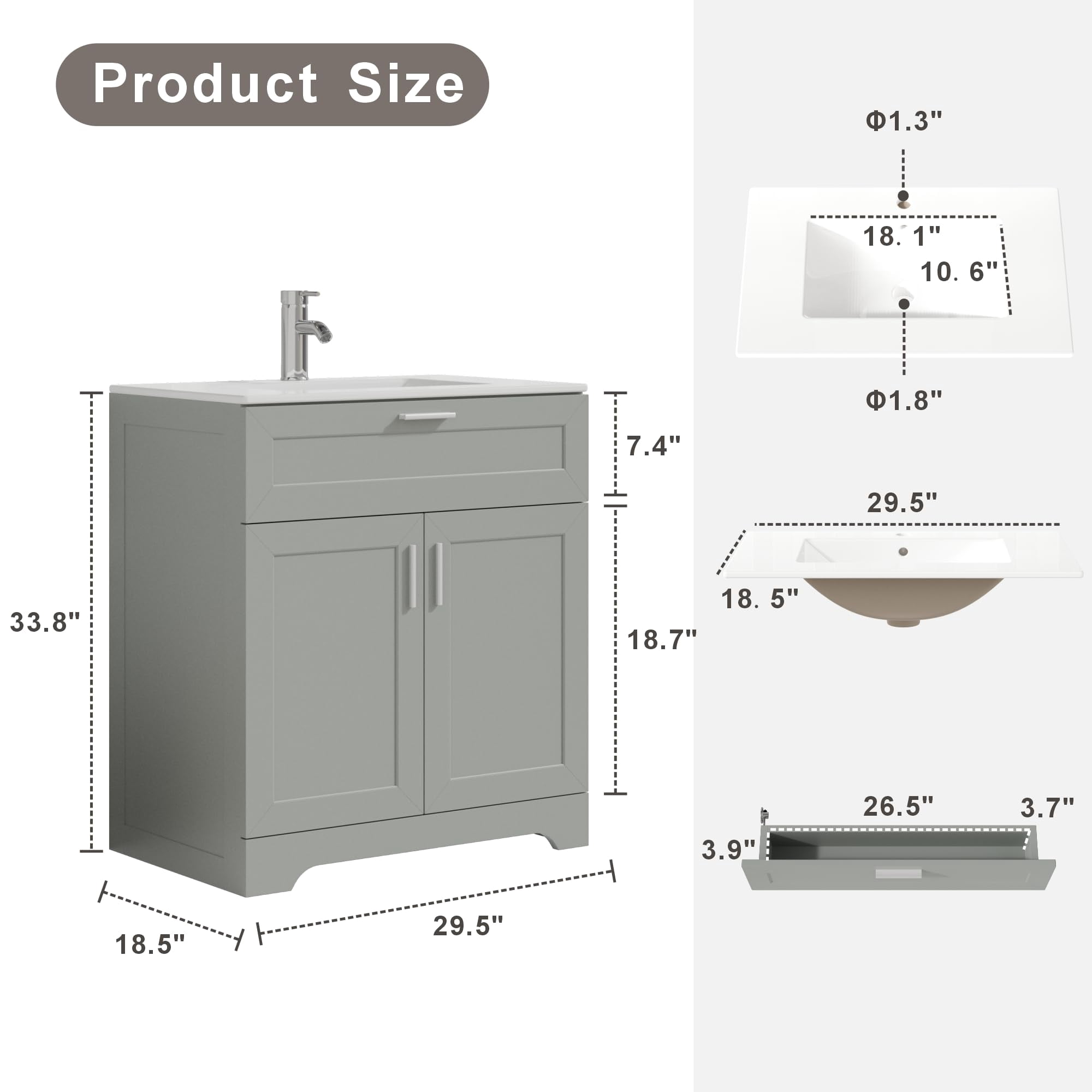 KIGOTY 30" Modern Bathroom Vanity with Ceramic Basin, Free Standing Bathroom Storage Cabinet with with 2 Soft-Closing Doors and 1 Drawer, Gray