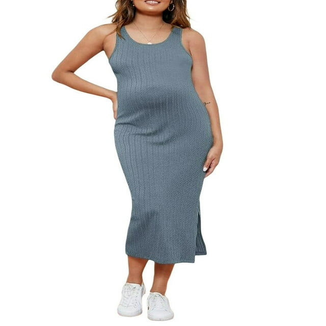 Robe Femme Enceinte Couleur Unie Sans Manches Robe en Tricot Col Ras du Cou Ajustée Midi Robe Débardeur Robe d'Été Décontractée Robe de Maternité