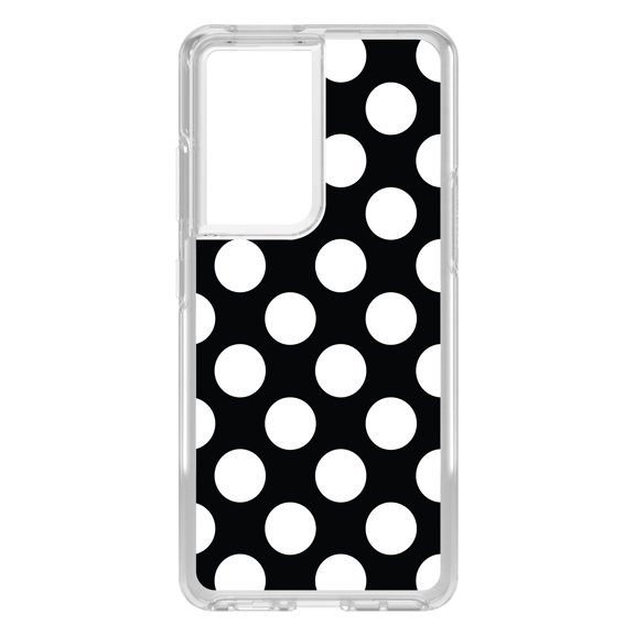 DistinctInk Clear Shockproof Hybrid Case for Galaxy S21 ULTRA 5G (6.8" Screen) - TPU Bumper, Acrylic Back, Tempered Glass Screen Protector - White & Black Polka Dots