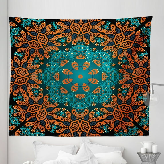 Psychedelic Tapestry, Round Flowers Floral Patterns Surreal Motif Boho Hippie Style Image, Fabric Wall Hanging Decor for Bedroom Living Room Dorm, 5 Sizes, Teal Orange, by Ambesonne